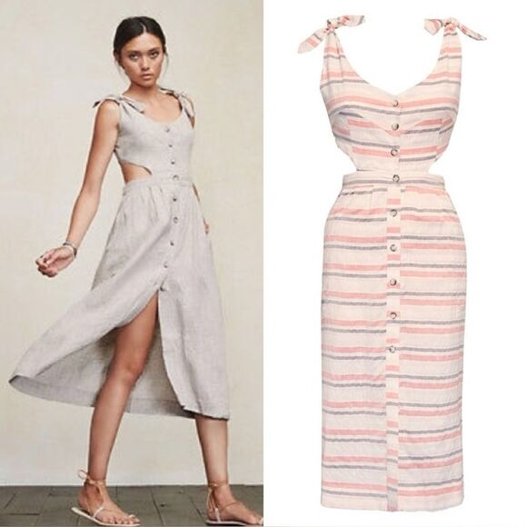 NWT Reformation Gisela Midi White Pink Dress Stripes Linen Size 2 - Picture 1 of 10